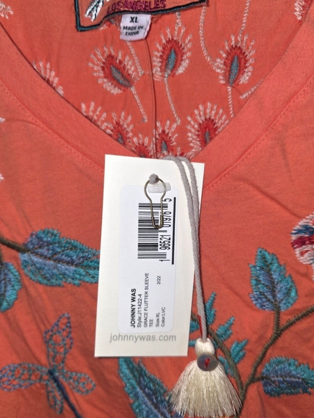 Johnny Was XL Short Sleeve Tops Tunic Coral With Embroidered Peacock NWT - Picture 4 of 9